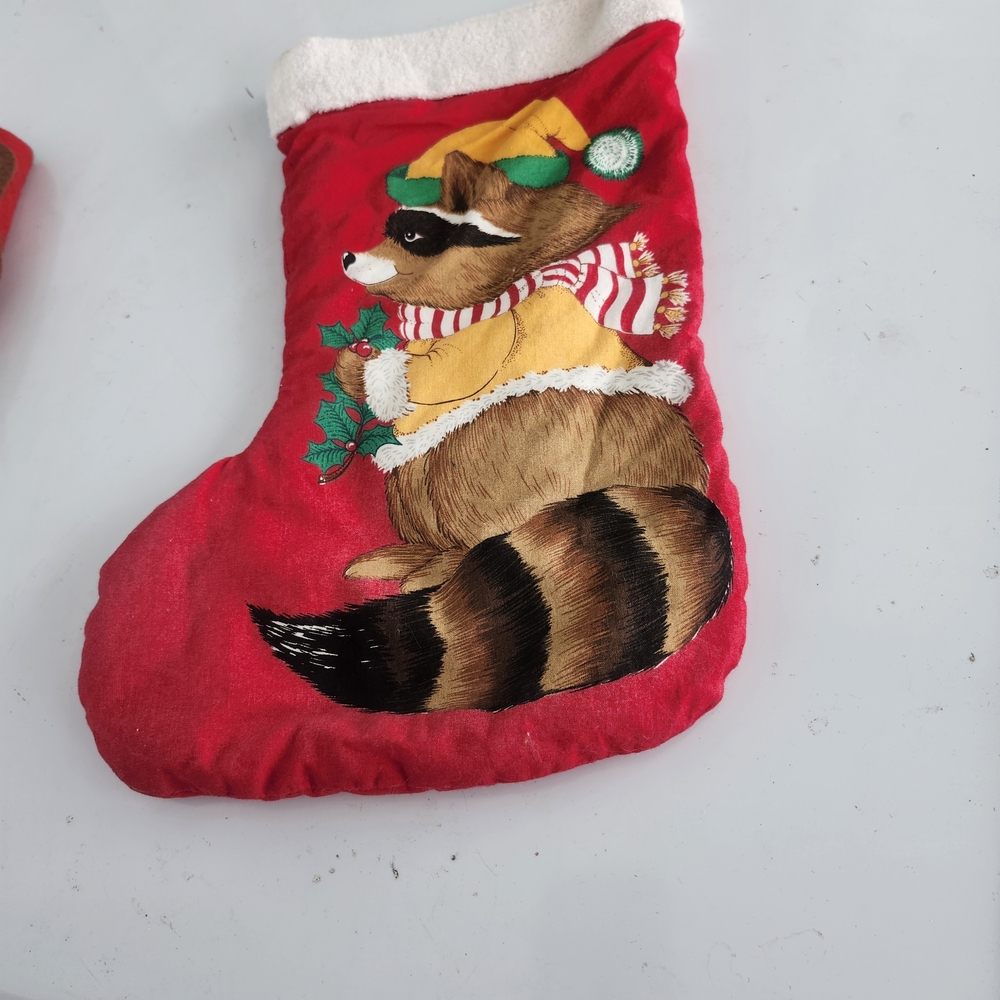 Handmade Red Christmas Stocking with Raccoon Design – Festive Holiday Décor – Ha